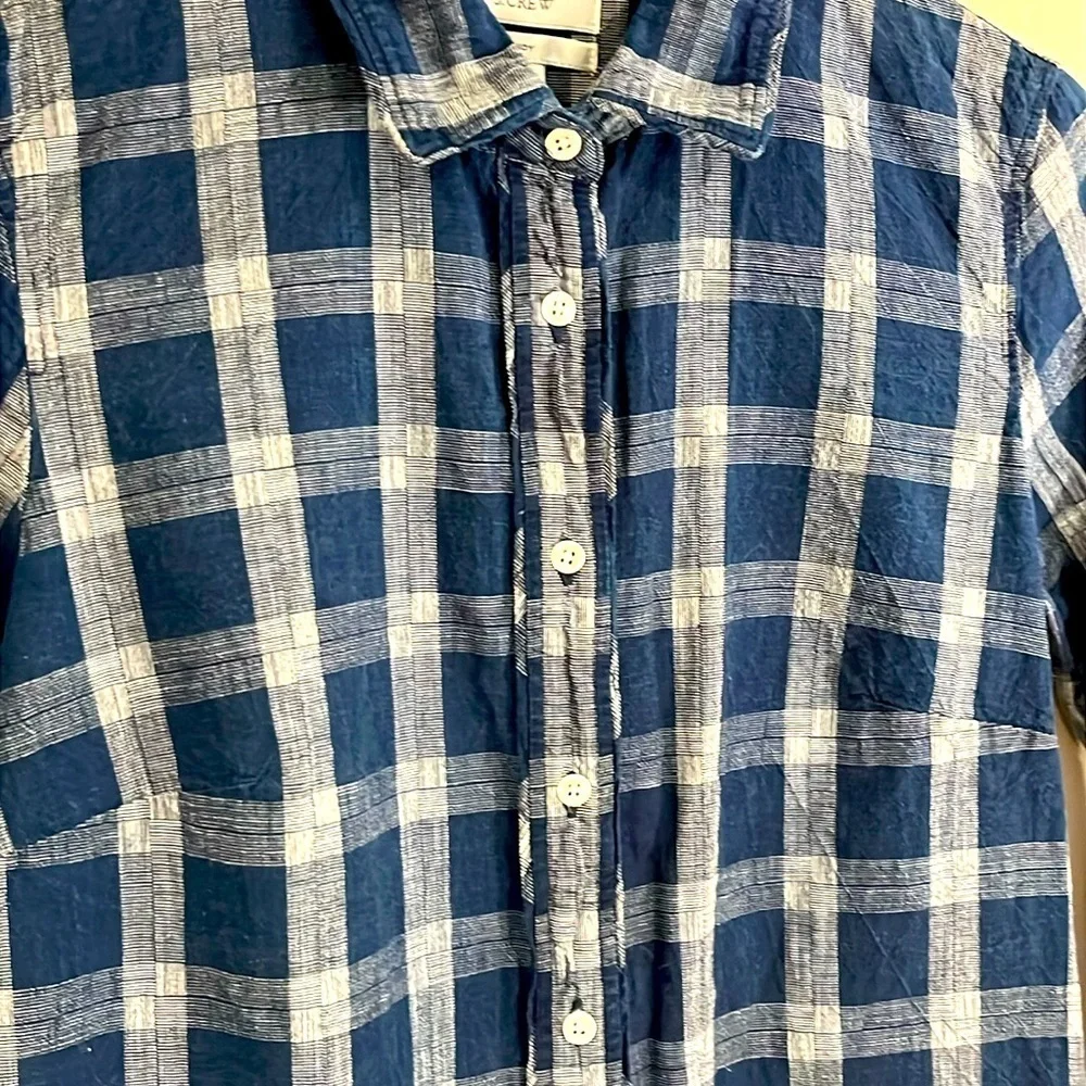 J.CREW Boy Fit Women’s 2 Navy White Plaid Long Sleeve Button Down Shirt Cotton